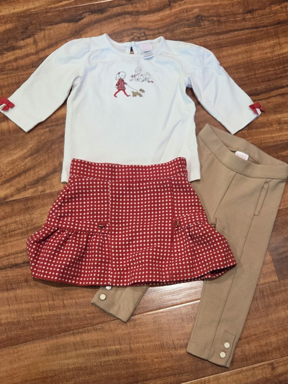 Janie and Jack EUC 18-24 Months Dog Top, Red Wool Skirt, Beige Ponte Pants Set